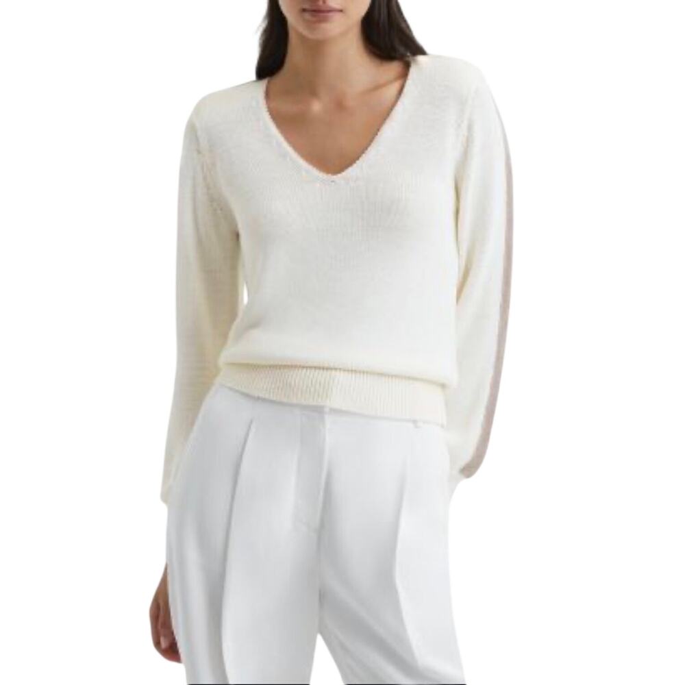 REISS Women’s Tara Colorblocked Cream and Metallic Vneck Sweater